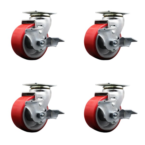 4 Inch Red Poly on Cast Iron Swivel Caster Set with Roller Bearings and Brakes